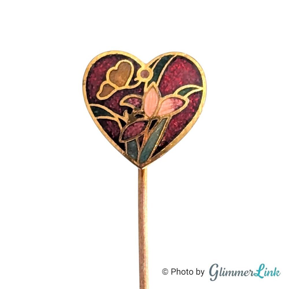 Vintage Heart Shaped Red Cloisonne Floral Butterfly Gold Tone Stick Pin